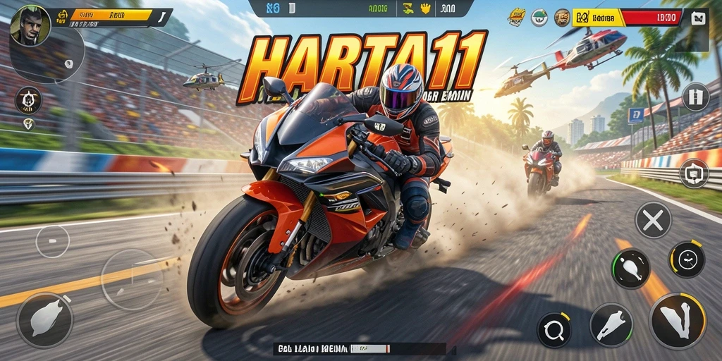 Tampilan screenshot HARTA11 menampilkan aksi balapan motor yang mendebarkan.