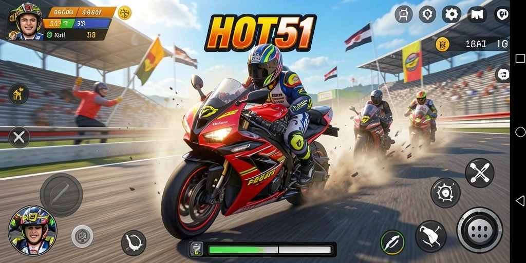 Gameplay HOT51 dengan aksi balapan motor yang mendebarkan.