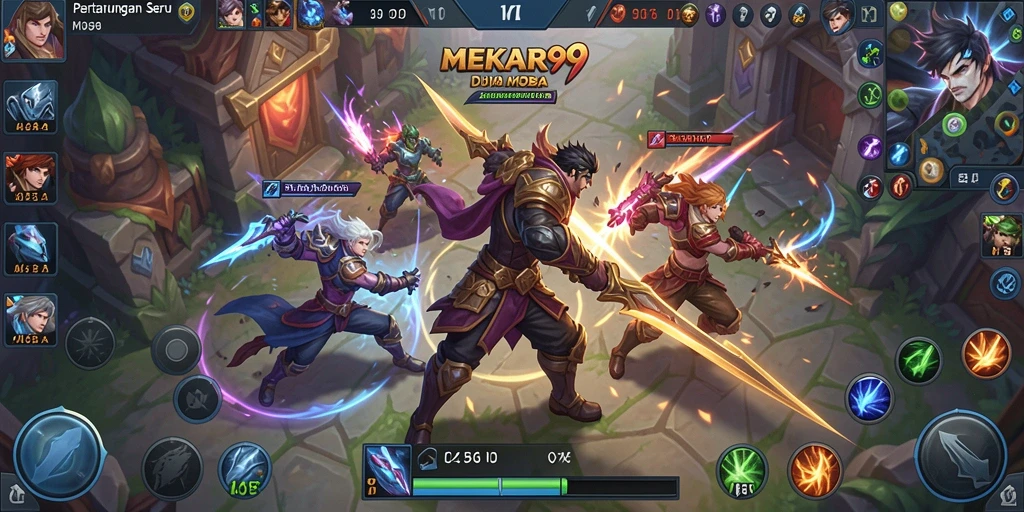 Tampilan seru gameplay MOBA dengan pertarungan strategis dan karakter unik.