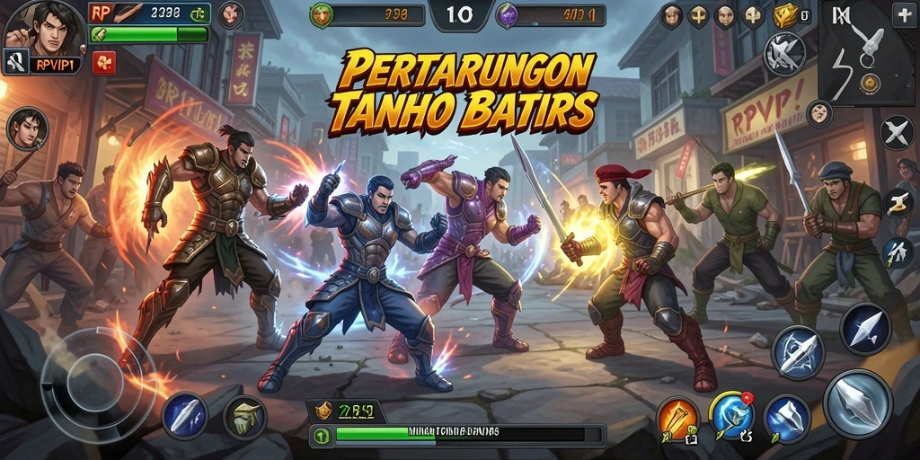 Screenshot gameplay RPVIP1 dengan pertarungan epik antar karakter.