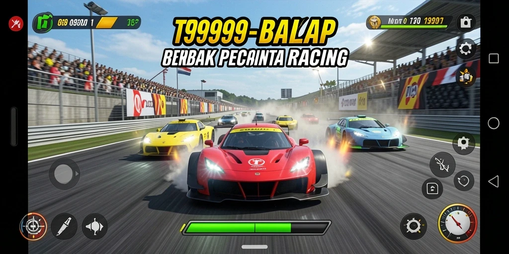 Tangkapan layar utama T9999 menampilkan aksi balapan yang intens.